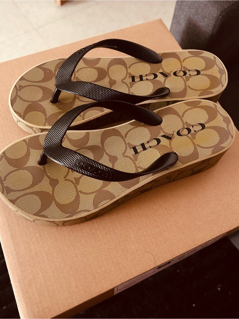 Coach Tan and Brown Signature Platform Flip Flops Size 6 in good condition